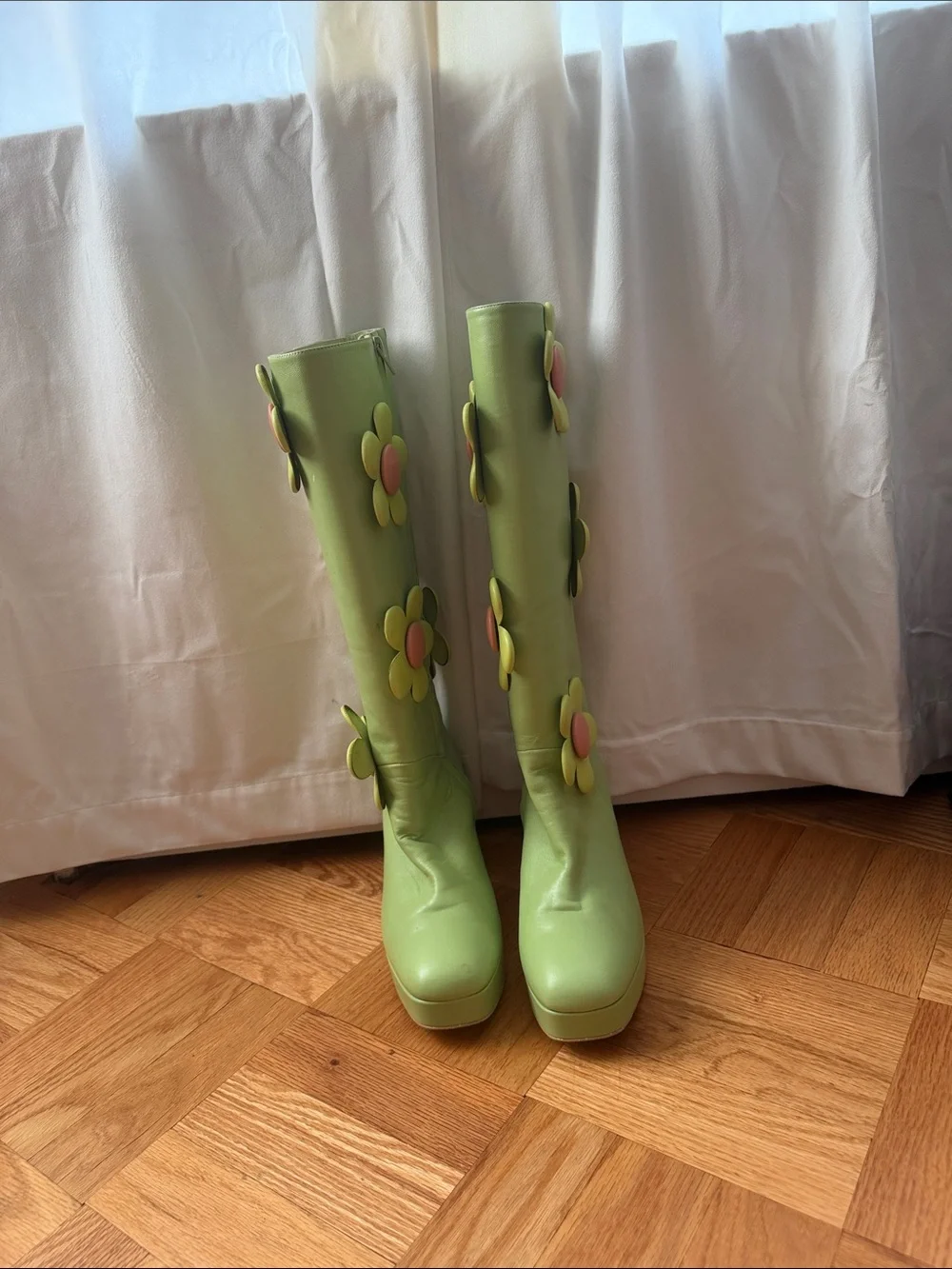 L’Atelier De Charlotte Green Flower Appliqué Platform Knee-High Boots